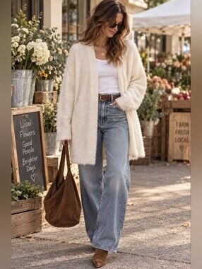 Banana Republic Ivory Long Cardigan Fluffy Sweater Pockets Cozy Minimalist M